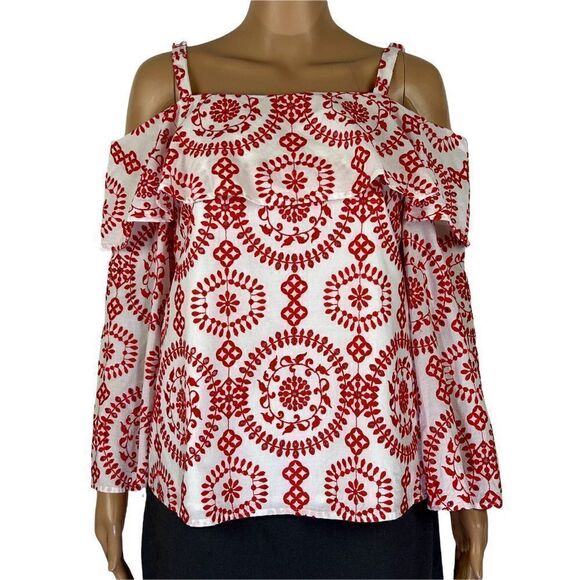 INC Cotton Top Small Red White Womens Embroidery Floral Bell Sleeve Off Shoulder - Picture 1 of 5